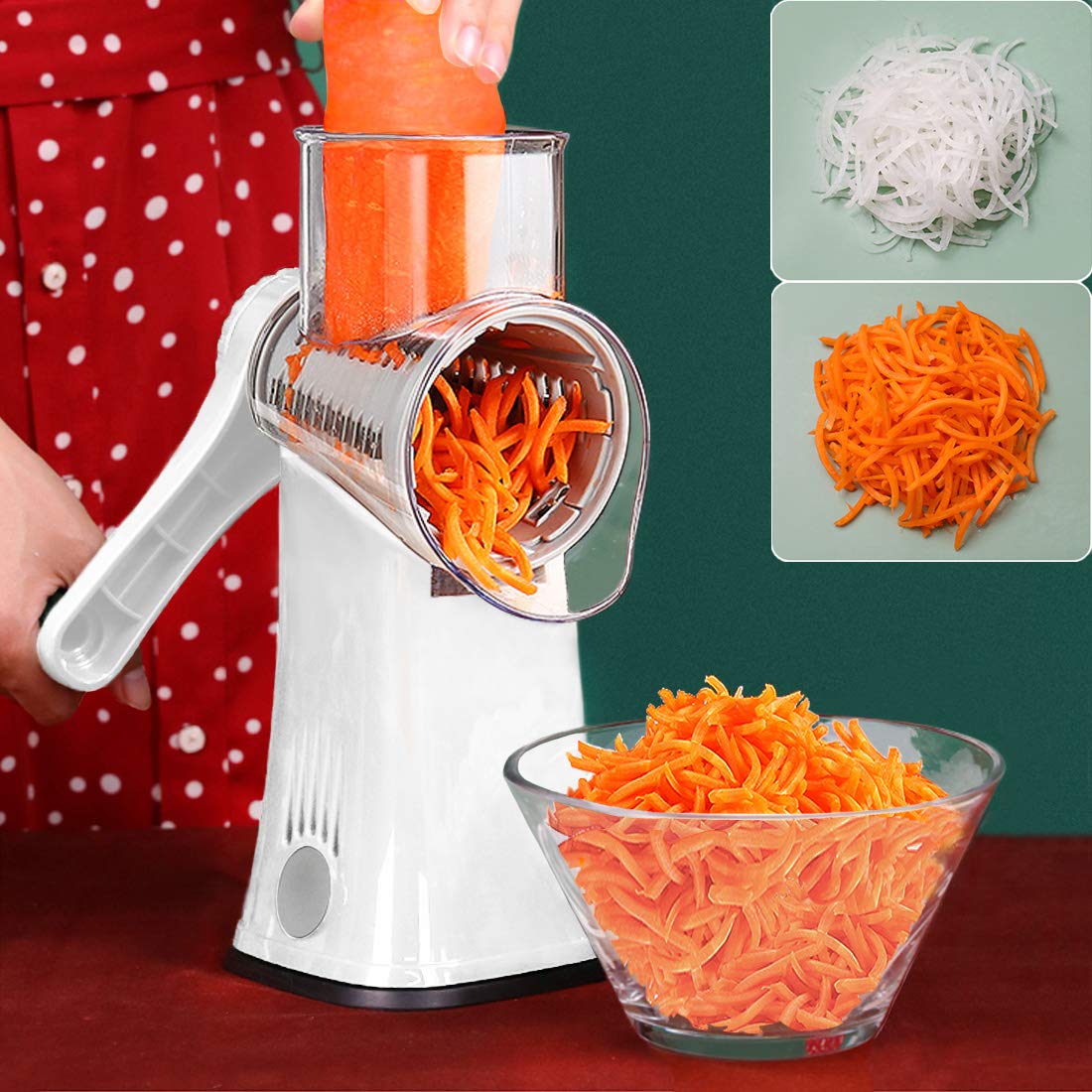 Râpe manuelle rotative blanche – râpage carotte julienne dans bol transparent – résultat oignon et carotte