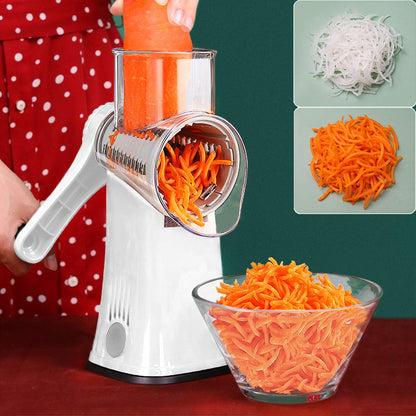 Râpe manuelle rotative blanche – râpage carotte julienne dans bol transparent – résultat oignon et carotte