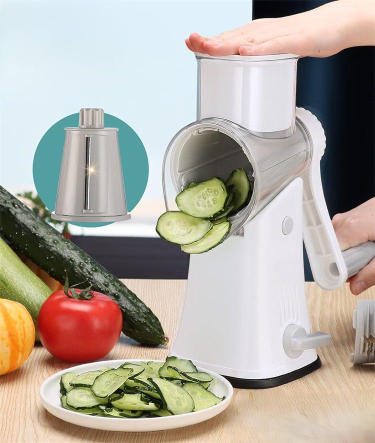 Râpe manuelle rotative blanche – détail tambour inox tranchage fin concombre et courgette