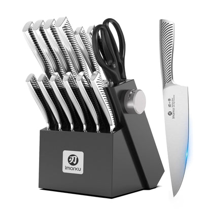 Set de couteaux Imarku 14 pièces manches argent avec bloc noir et ciseaux