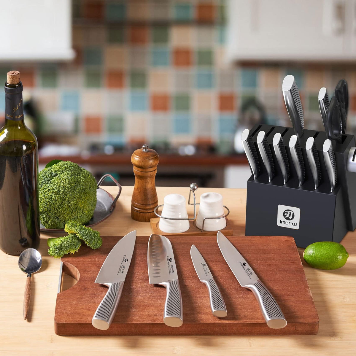 Set de couteaux Imarku 14 pièces manches argent avec bloc noir et ciseaux de cuisine
