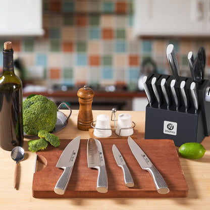 Set de couteaux Imarku 14 pièces manches argent avec bloc noir et ciseaux de cuisine