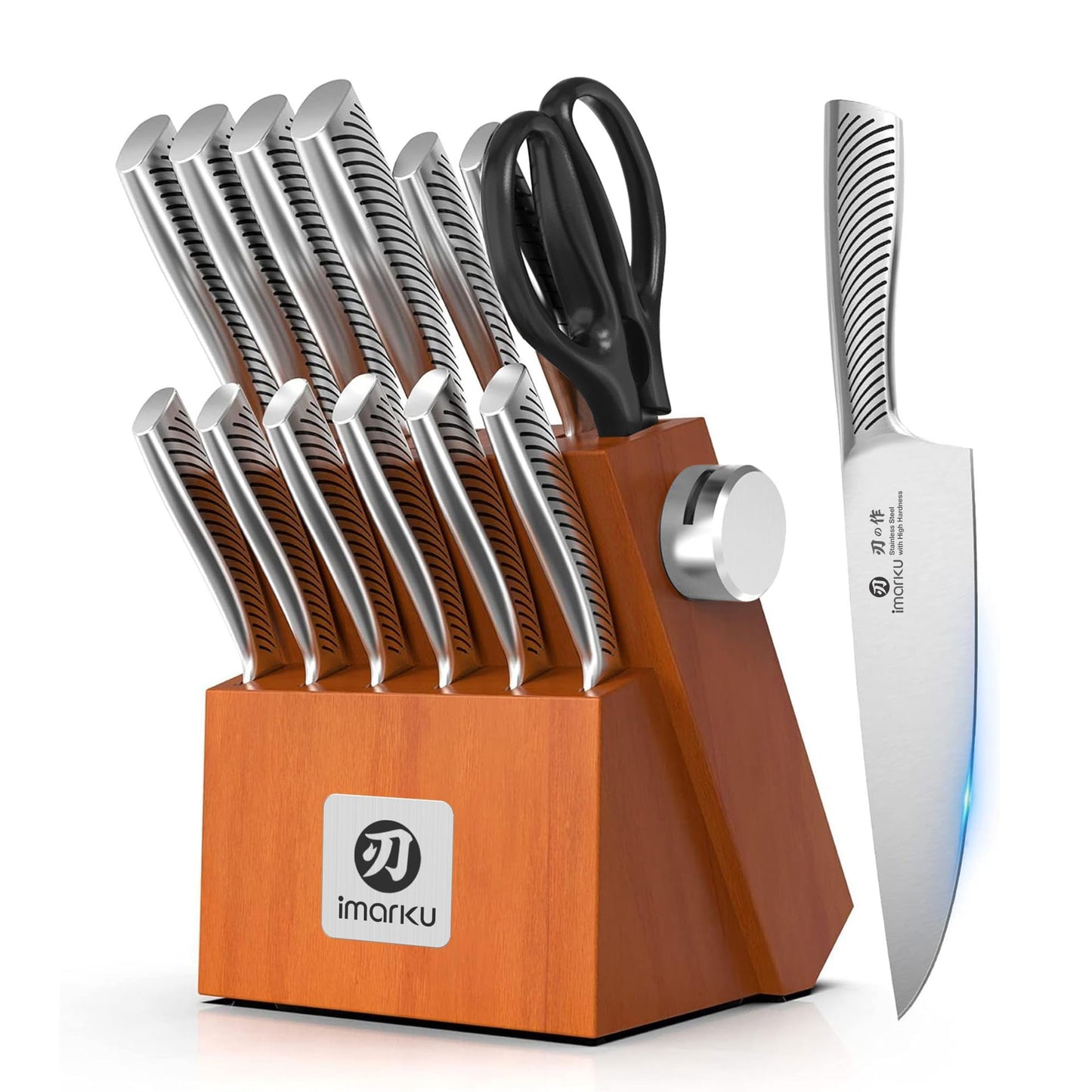 Set de couteaux Imarku 14 pièces manches argent avec bloc brun et ciseaux