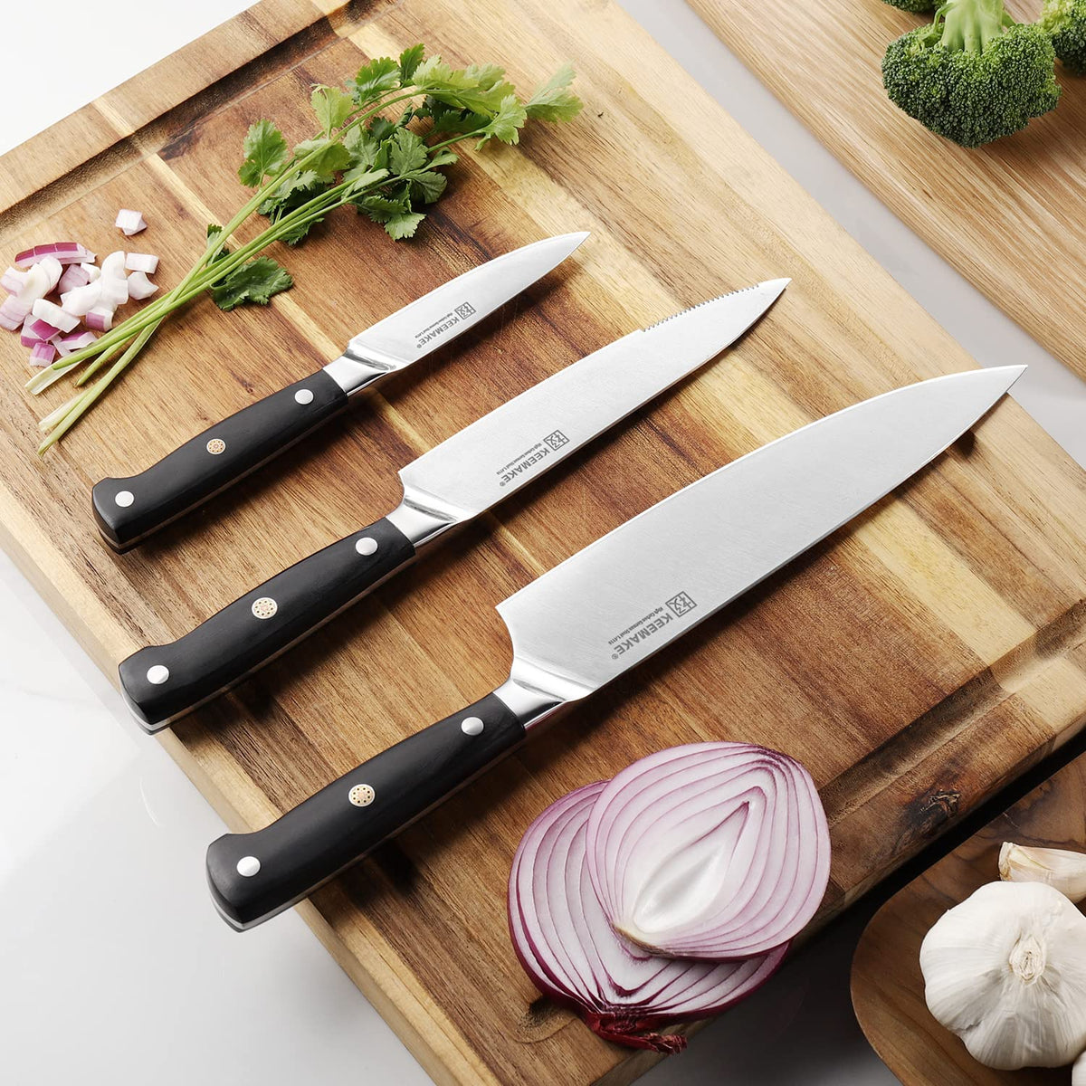 Set couteaux cuisine Keemake 3 pièces – couteau chef, utilitaire et office avec coffret bleu