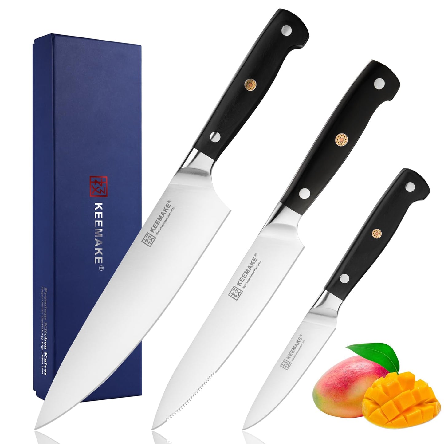 Set de couteaux Keemake 3 pièces présenté avec son emballage cadeau
