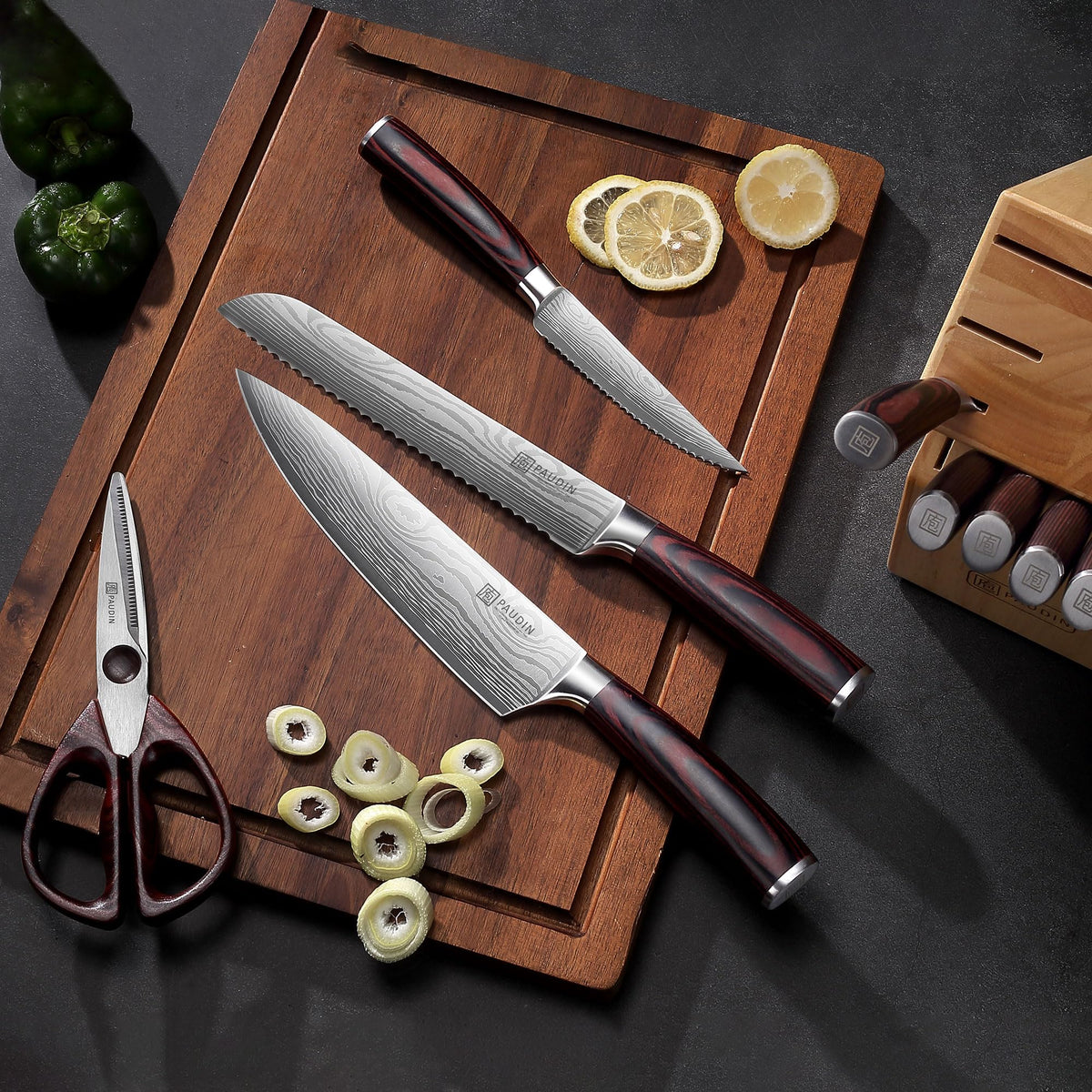 Set Paudin 14 pièces – couteau chef, pain, utilitaire, ciseaux et bloc bois sur planche acacia