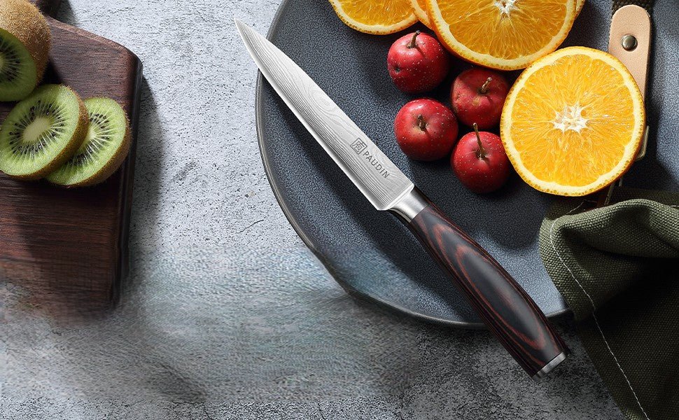 Couteau utilitaire Paudin lame Damascus manche pakkawood rouge sur assiette avec kiwi et orange