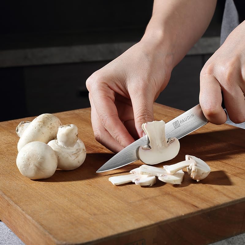 Set 3 couteaux cuisine Paudin lame Damascus manche pakkawood – chef, santoku, utilitaire – Duocuisine