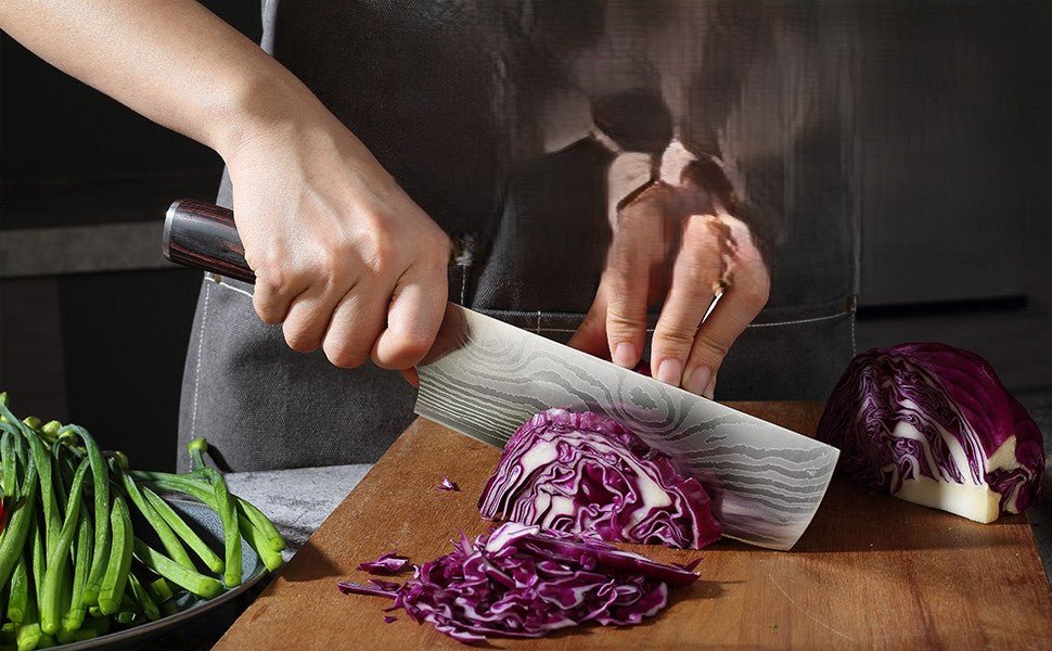 Chef tranchant chou rouge avec couteau santoku Paudin lame Damascus manche pakkawood