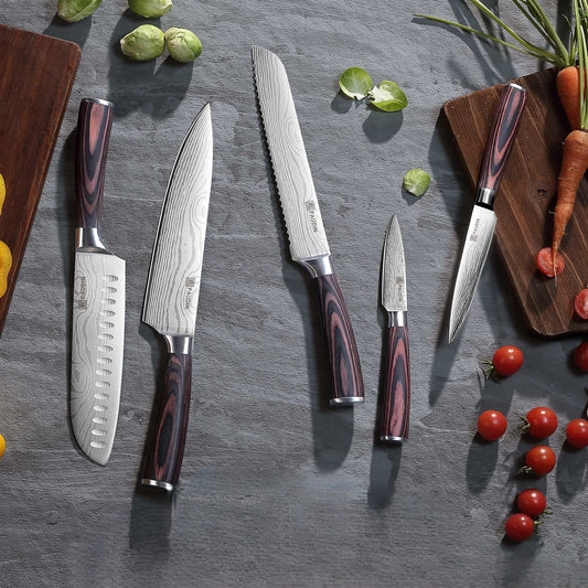 Set 5 couteaux cuisine Paudin lame Damascus manche pakkawood rouge – chef, santoku, pain, utilitaire, office