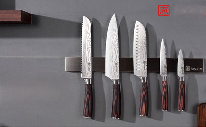 Set 5 couteaux Paudin lame Damascus sur barre magnétique inox – vue de face