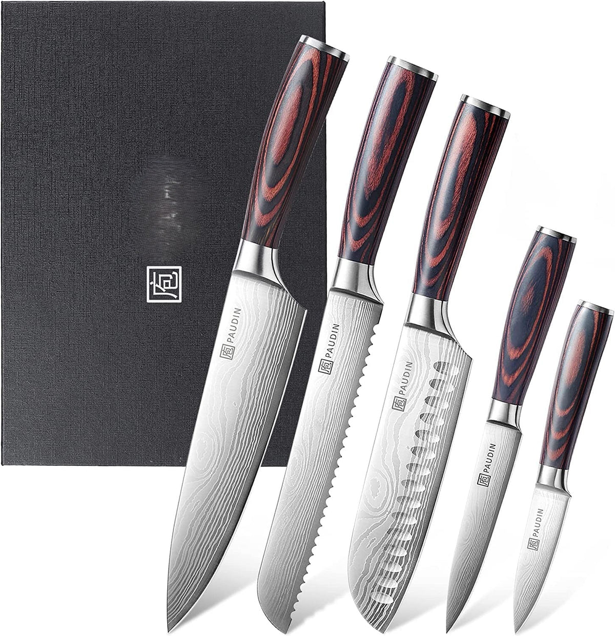 Set 5 couteaux cuisine Paudin lame Damascus manche pakkawood avec boîte cadeau noire