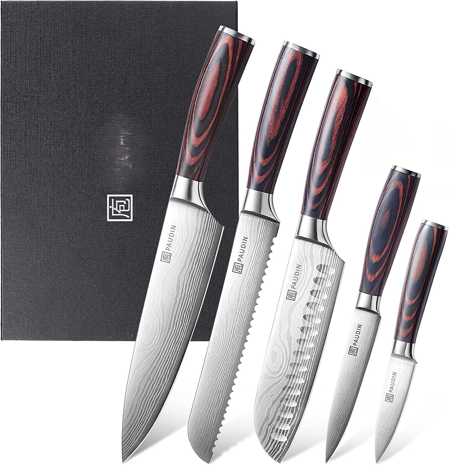 Set 5 couteaux cuisine Paudin lame Damascus manche pakkawood avec boîte cadeau noire