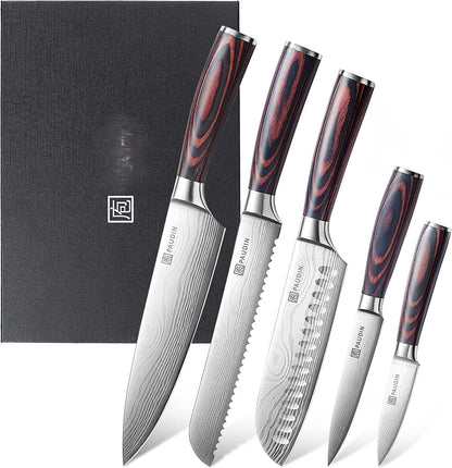 Set 5 couteaux cuisine Paudin lame Damascus manche pakkawood avec boîte cadeau noire