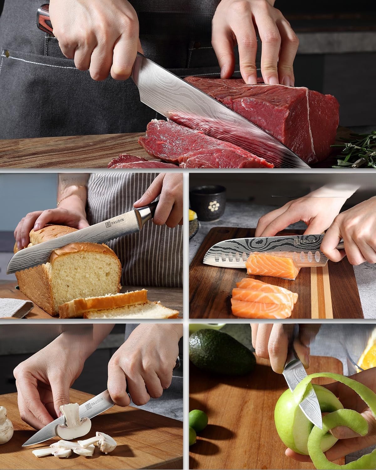 Utilisation set Paudin 5 couteaux – découpe viande, pain, saumon, champignons et pomme